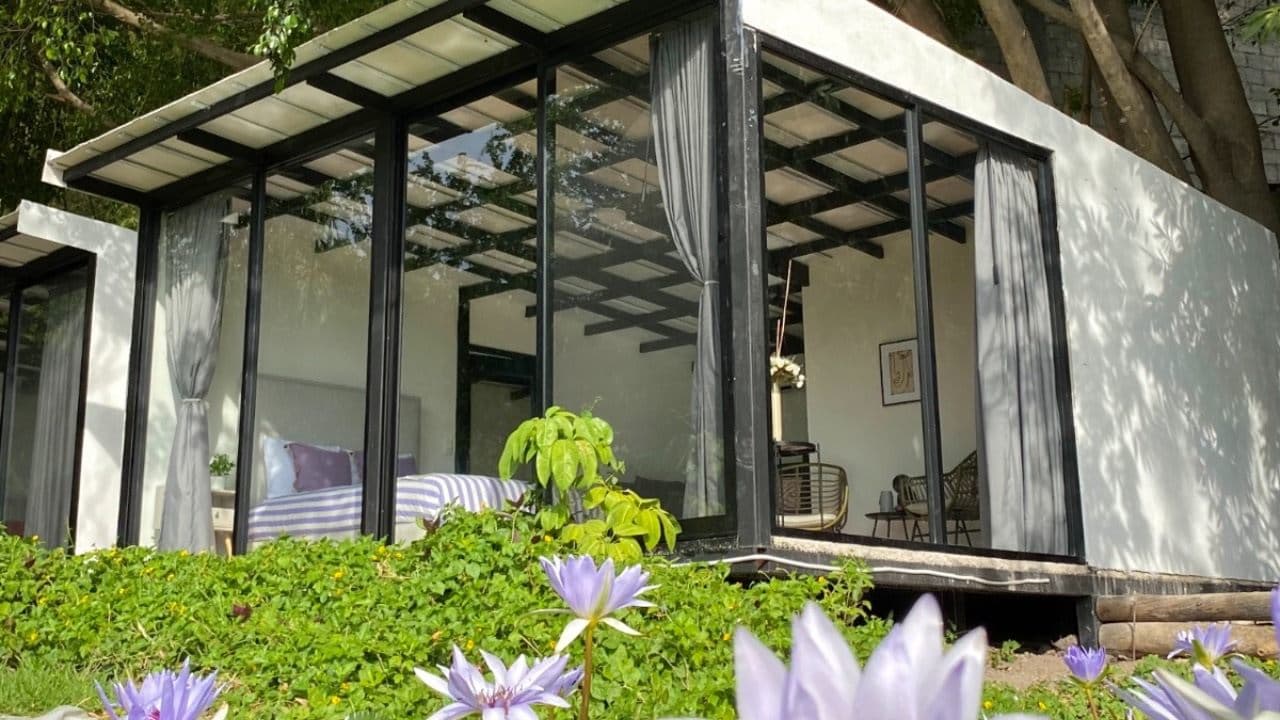 Fachada de cristal de Casa del Lago entre vegetación y flores de nenúfar